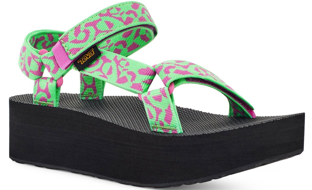green and pink teva sandal with platform sole