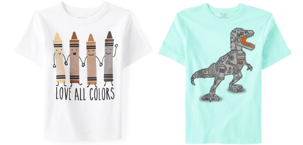 crayons and t-rex graphic tees
