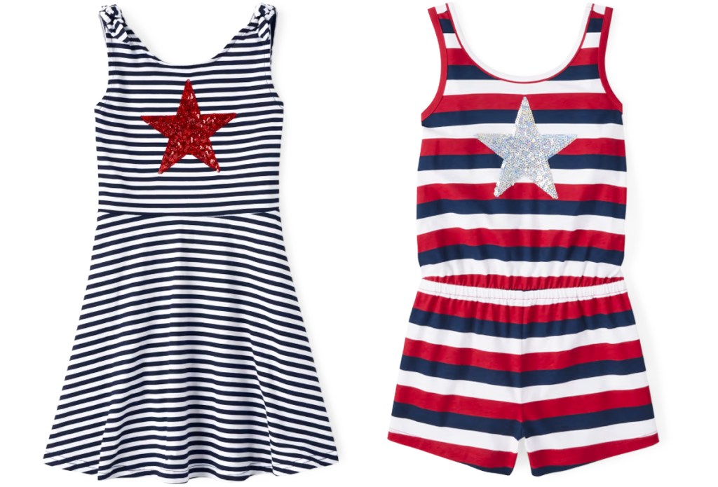 two striped rompers with glittery stars
