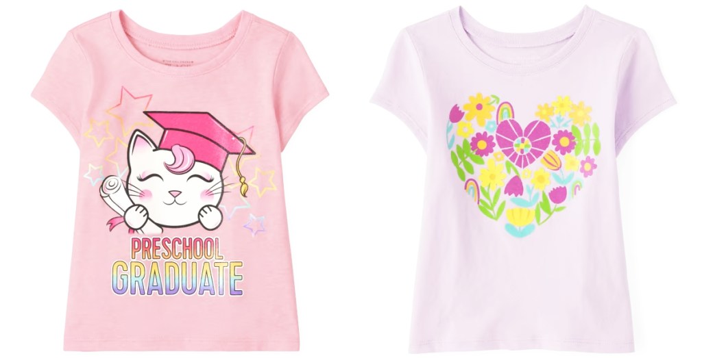 two girls pink graphic tees