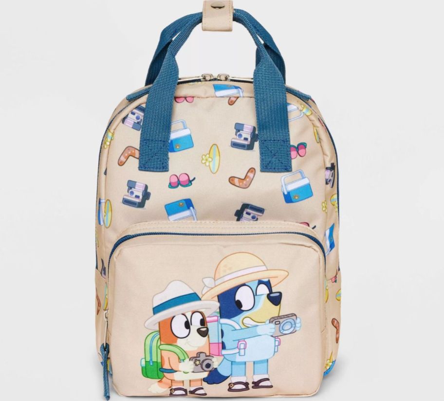 a toddlers mini backpack with bluey graphics printed all over it