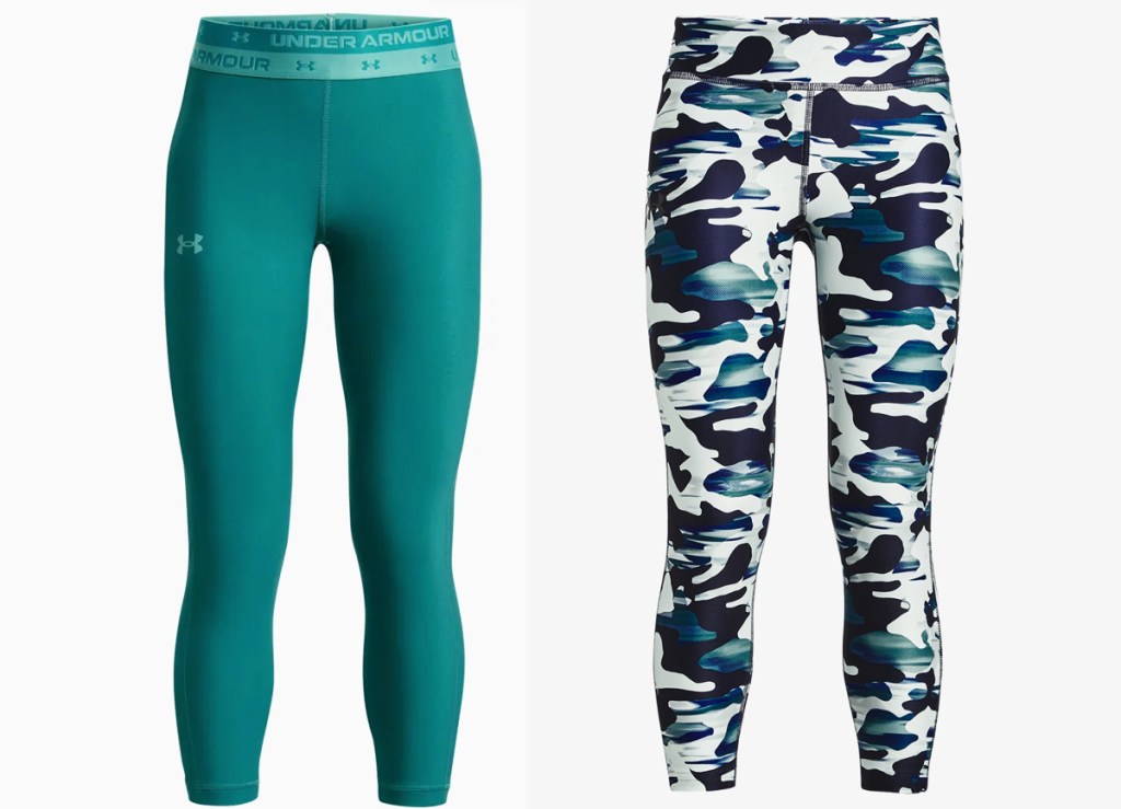 teal and black/white camo print leggings