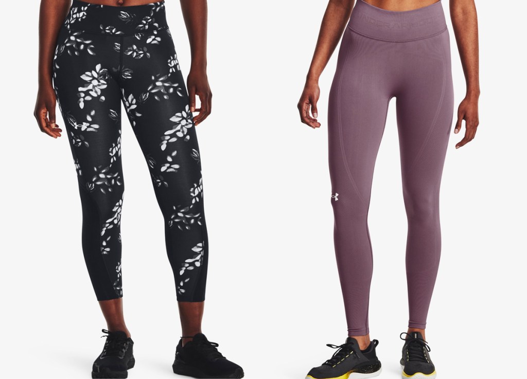 women in black and white floral print and solid mauve colored leggings