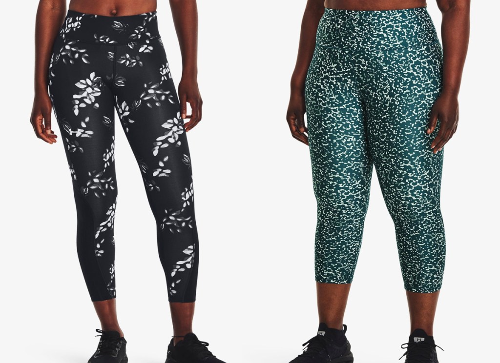 two women in black and teal printed leggings