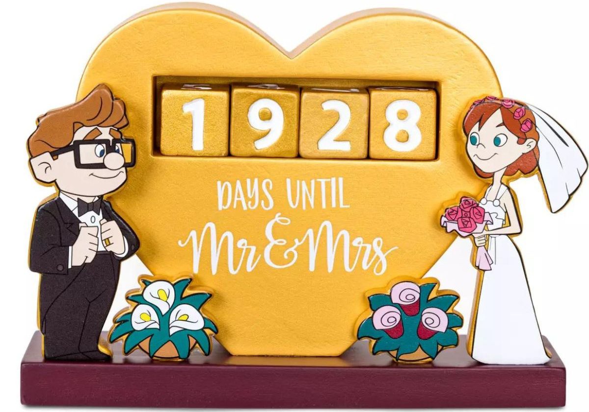 Stock image of a wedding countdown calendar featuring characters from the movie UP