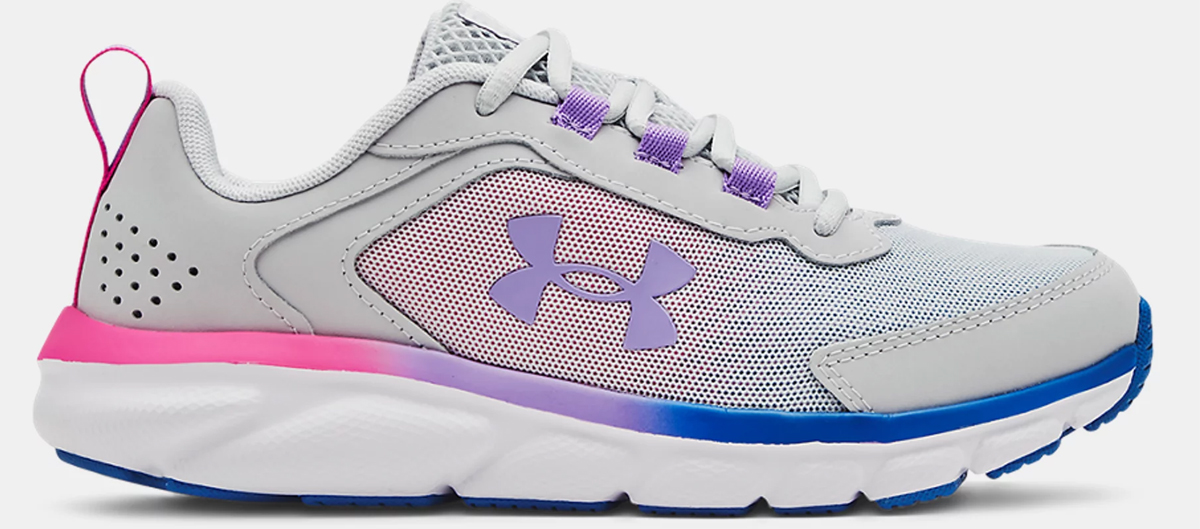 light grey, pink, purple, and blue under armour running shoe