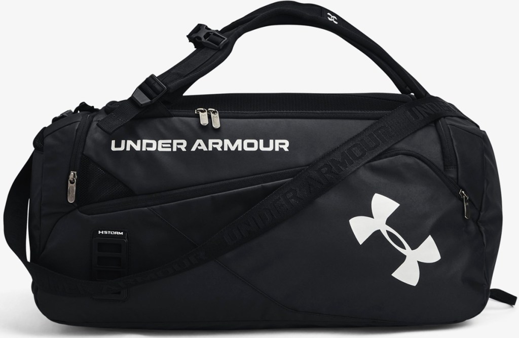 black and white under armour duffle bag backpack