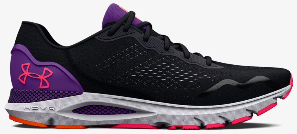 black, purple, and pink running shoe