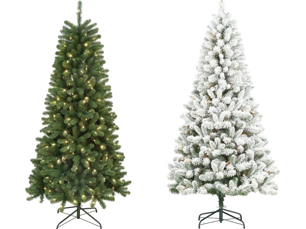 green and white flocked christmas trees