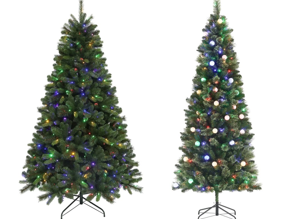 two multi-color pre-lit christmas trees