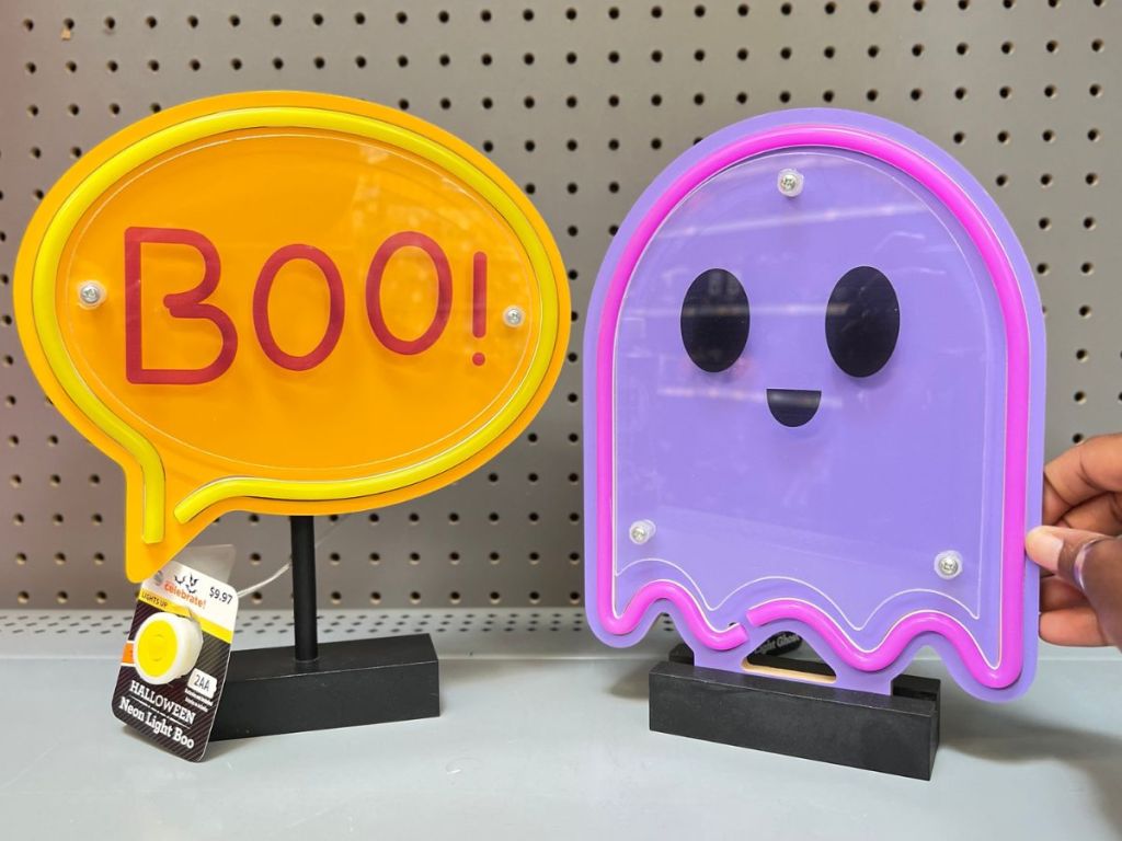 Two Neon Boo Speech Bubble and Ghost Halloween Lights on a shelf at Walmart