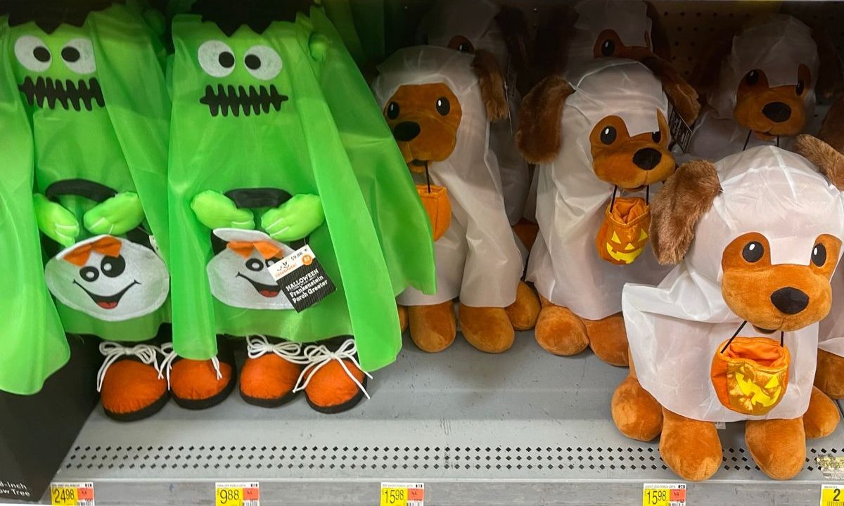 Frankenstein and Ghost Dog Porch Greeters at Walmart for Halloween