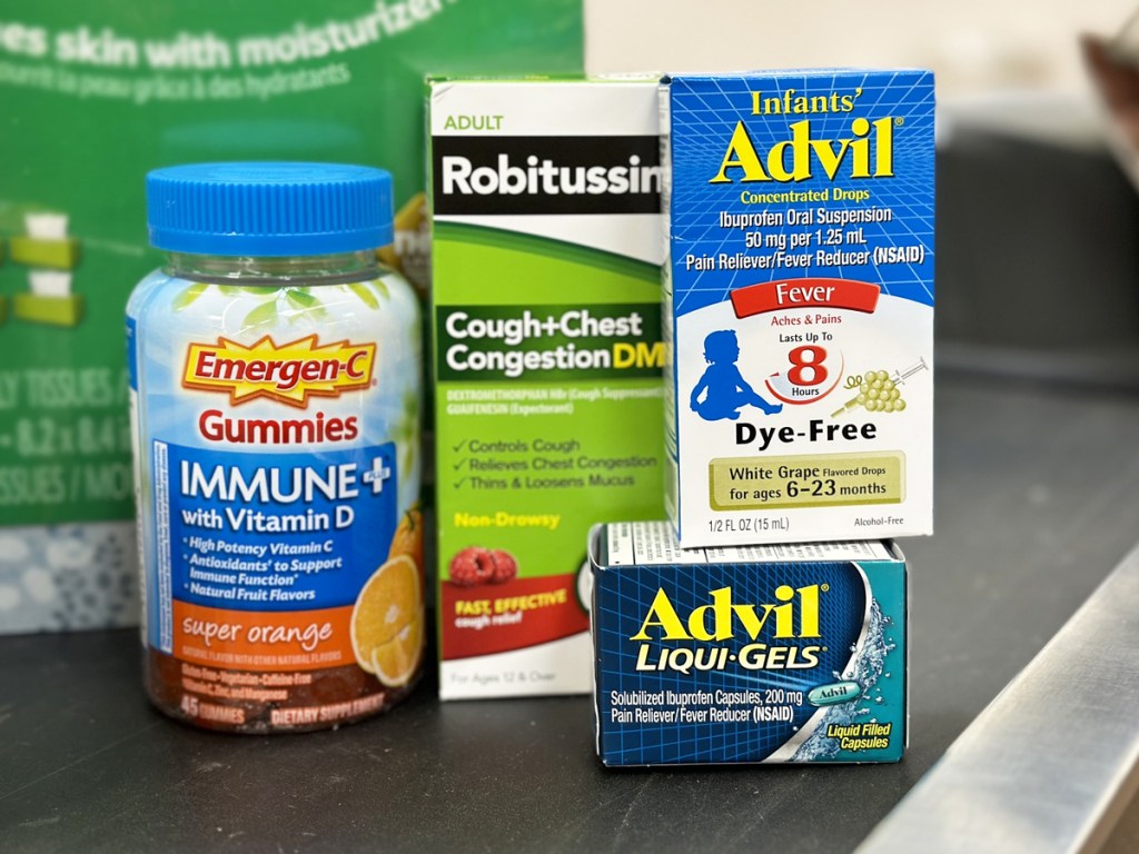 Emergenc-C, Robitussin, and Advil products at checkout in store