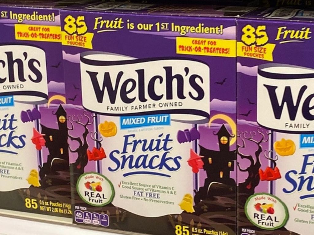 An 85-count box of Welch's Halloween Fruit Snacks