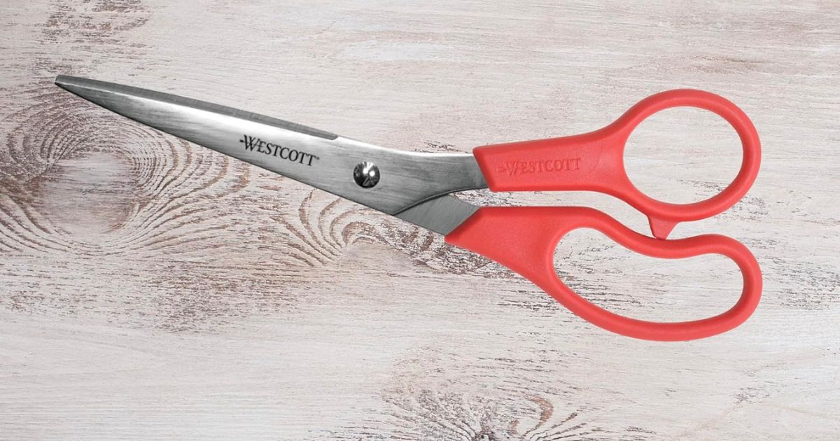 Westcott 8 All Purpose Value Straight Scissors w: Red Handles on a wooden table top