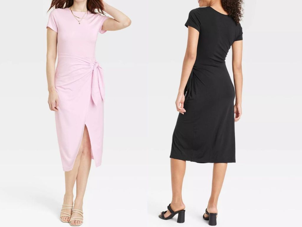 Two women wearing Women's Short Sleeve Tie-Front Wrap Dresses from A New Day