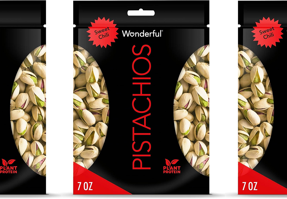black and red bag of Wonderful Pistachios in Sweet Chili flavor