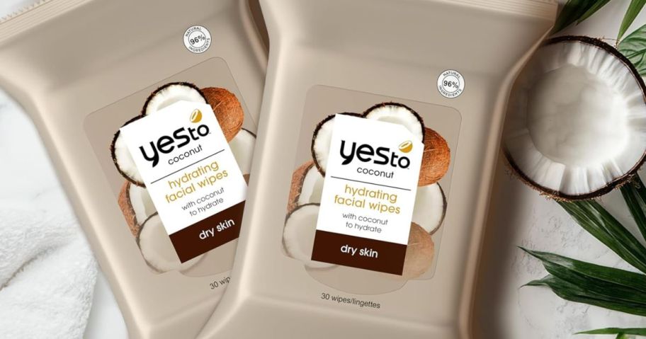 Yes To Face Wipes 2-Pack in Coconut stacked on top of each other