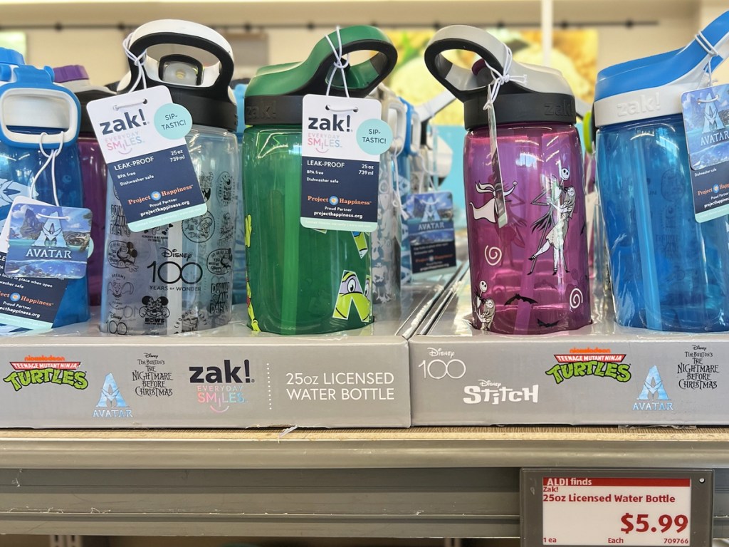 kids water bottles on store shelf