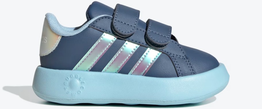 blue velcro sneaker with 3 iridescent stripes