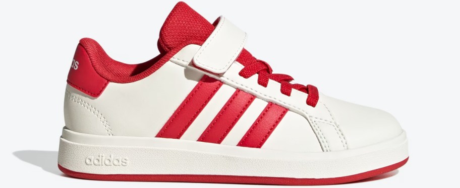 red and white adidas sneaker with velcro strap