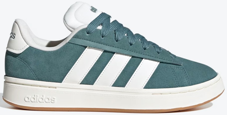 green suede sneaker with 3 white stripes 