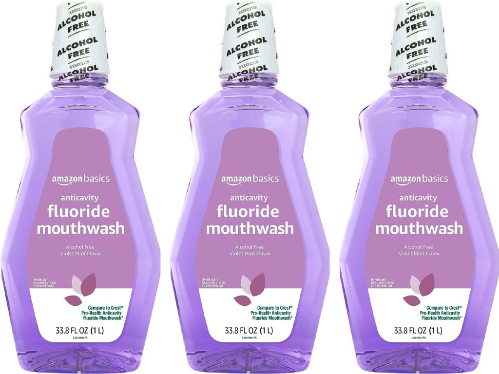 three bottles of amazon basics mouthwash
