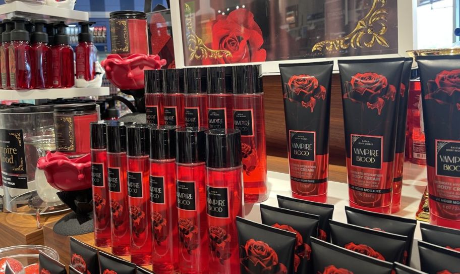 bath and body works halloween body care in a store display