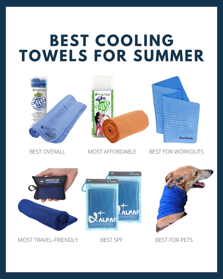 collage graphic of the best cooling towels