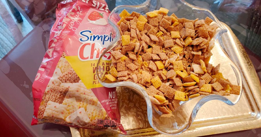 strawberry chex mix in a bowl