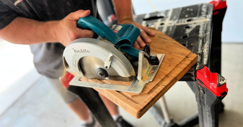 circular saw reshaping a cutting board