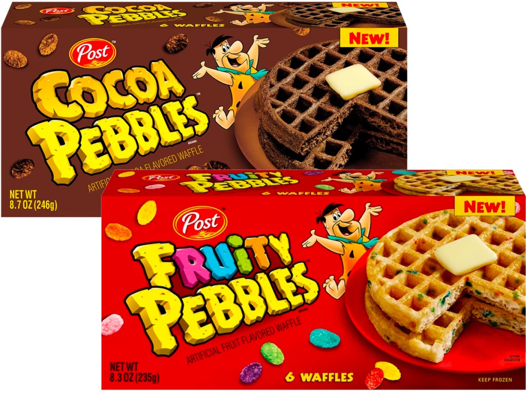 box of cocoa pebbles and fruity pebbles waffles 