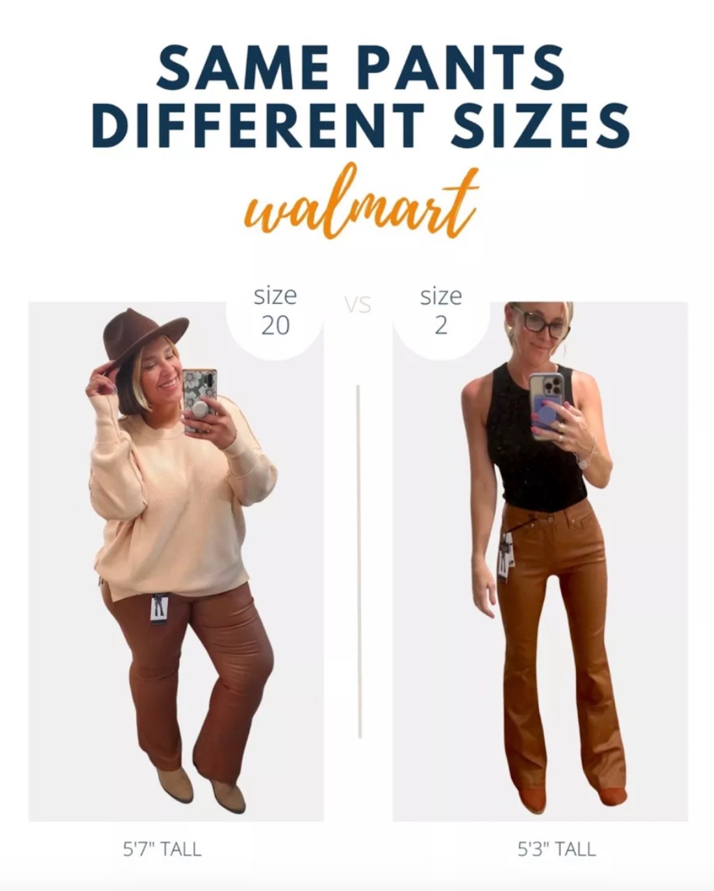 graphic of two women modeling the same brown pants with sizes and heights