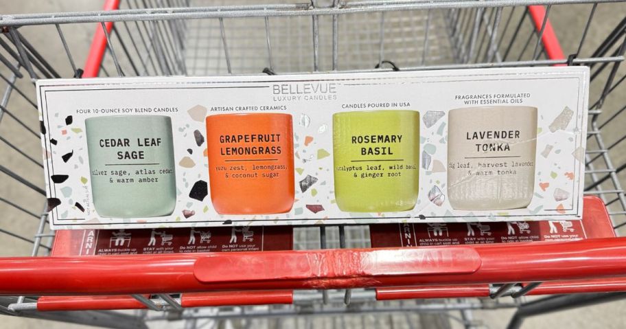 box of four bellevue candles in cart at costco
