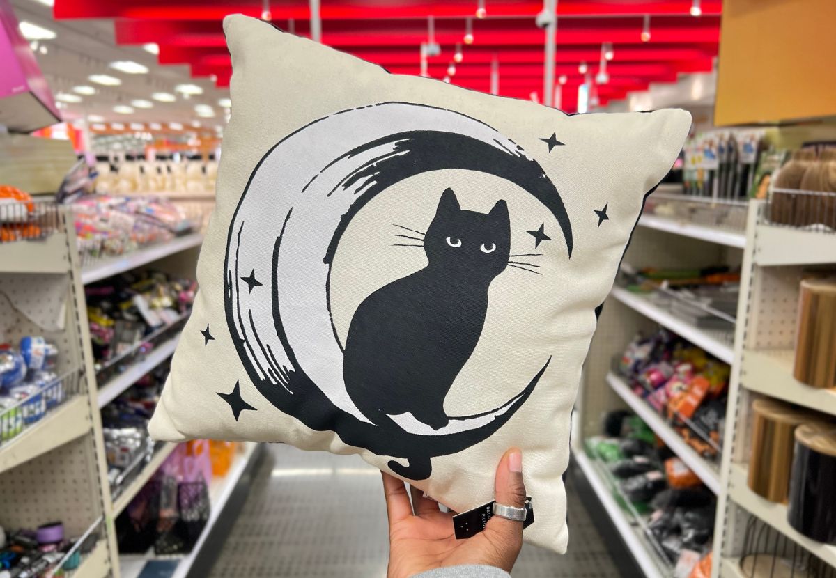 a womans hand holding a crescent moon cat pillow