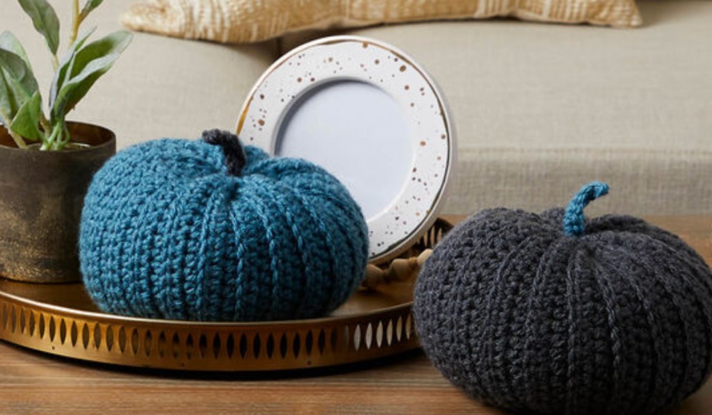 blue and grey crochet pumpkins