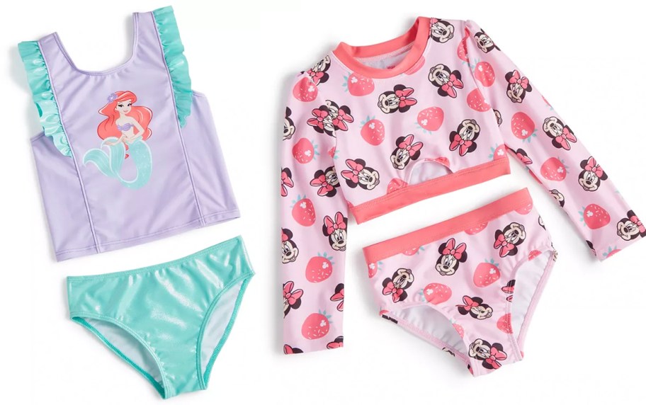 purple and green ariel swimsuit and pink minnie mouse swimsuits