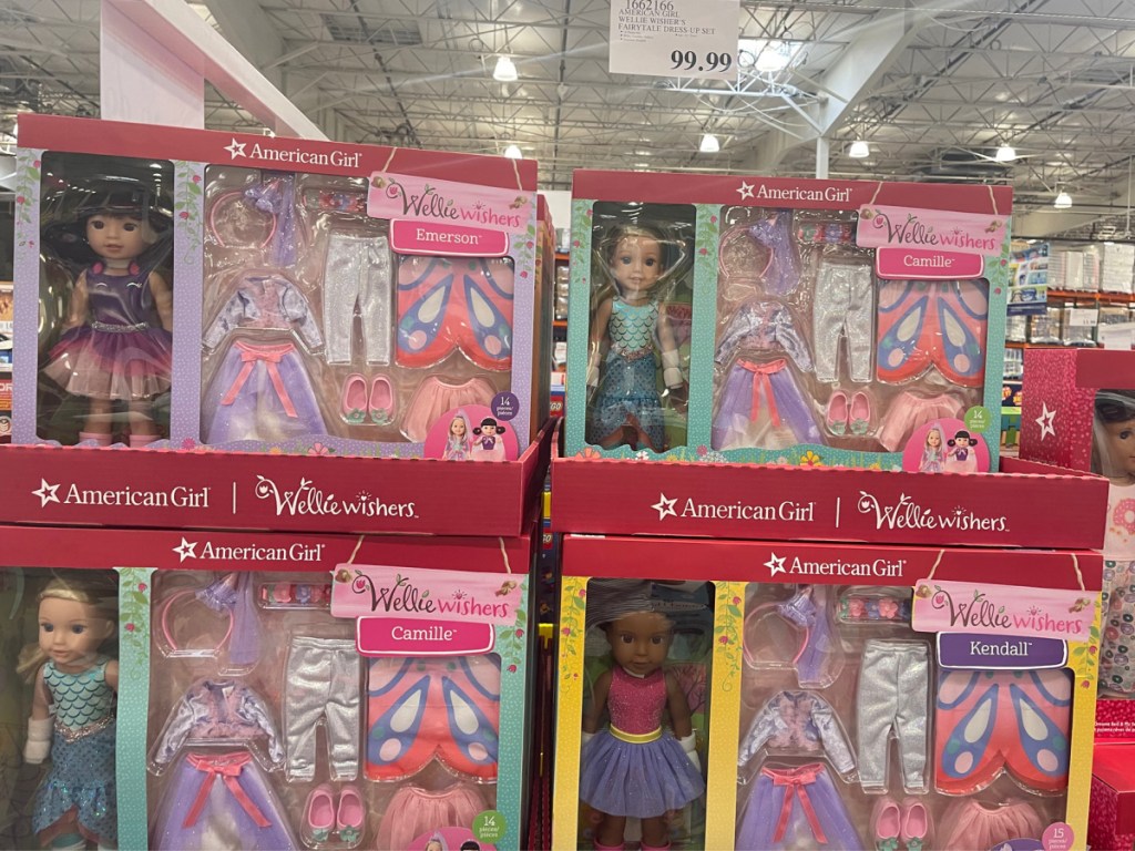 display of American doll wellie wishers