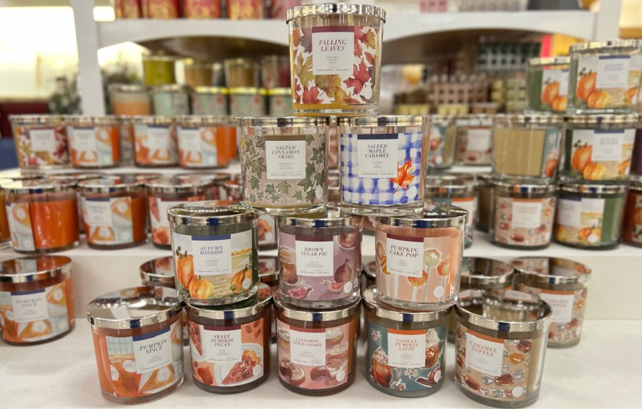 display of multiple Sonoma fall candles stacked together at kohls