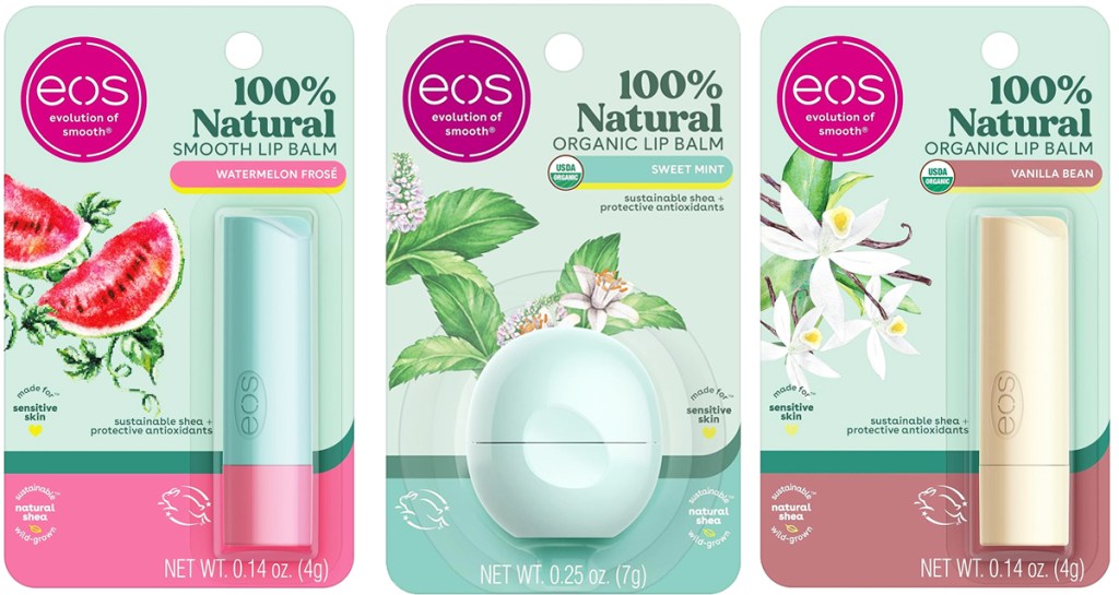 three packages of eos lip balms