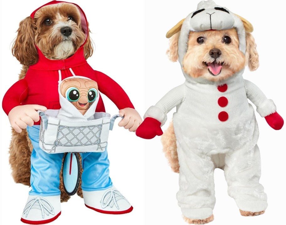 a dog in an et costume and a dog in a lamb chop costume