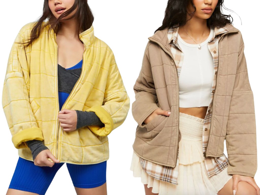 women wearing yellow and beige quilted jackets