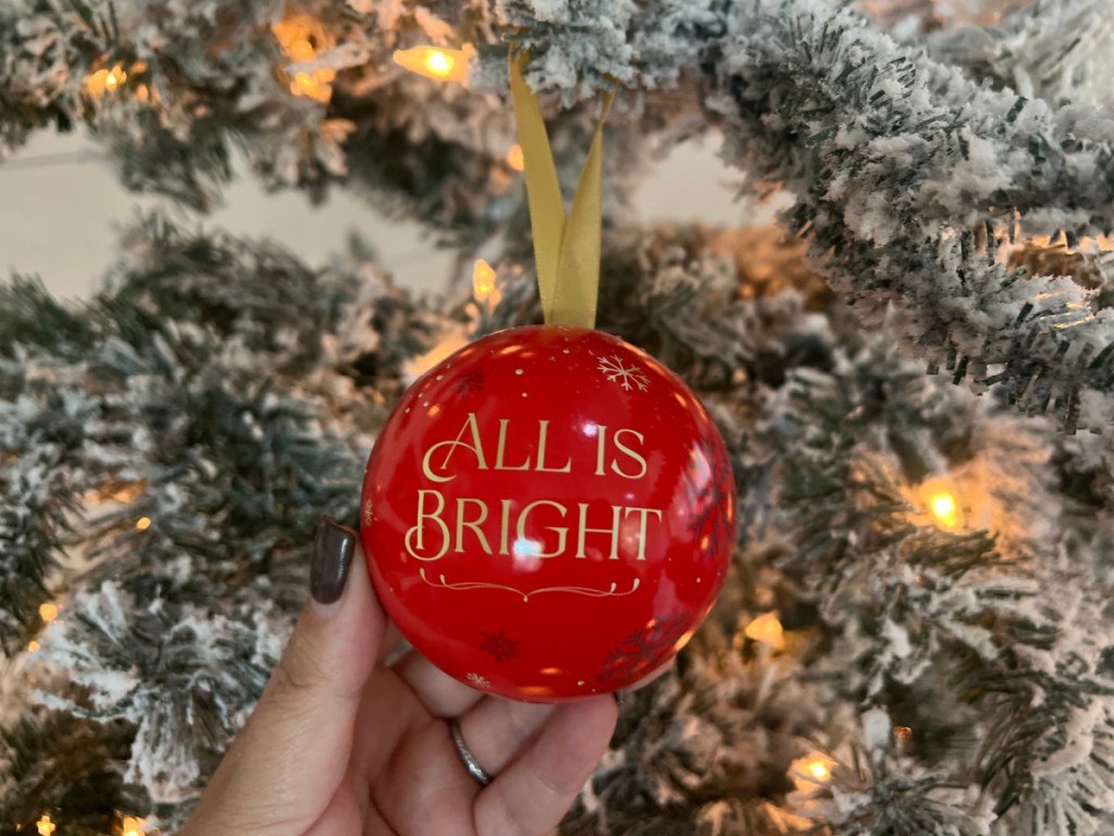 hand holding ornament bath bomb on tree