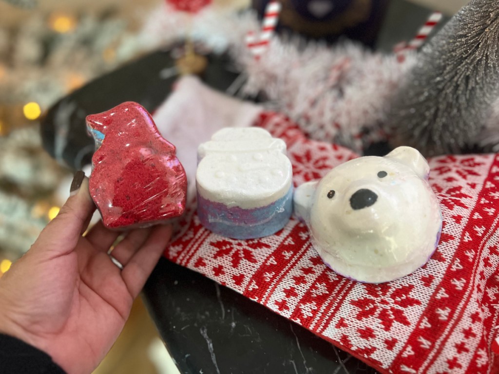 polar bear, gnome, and snowman bath bombs