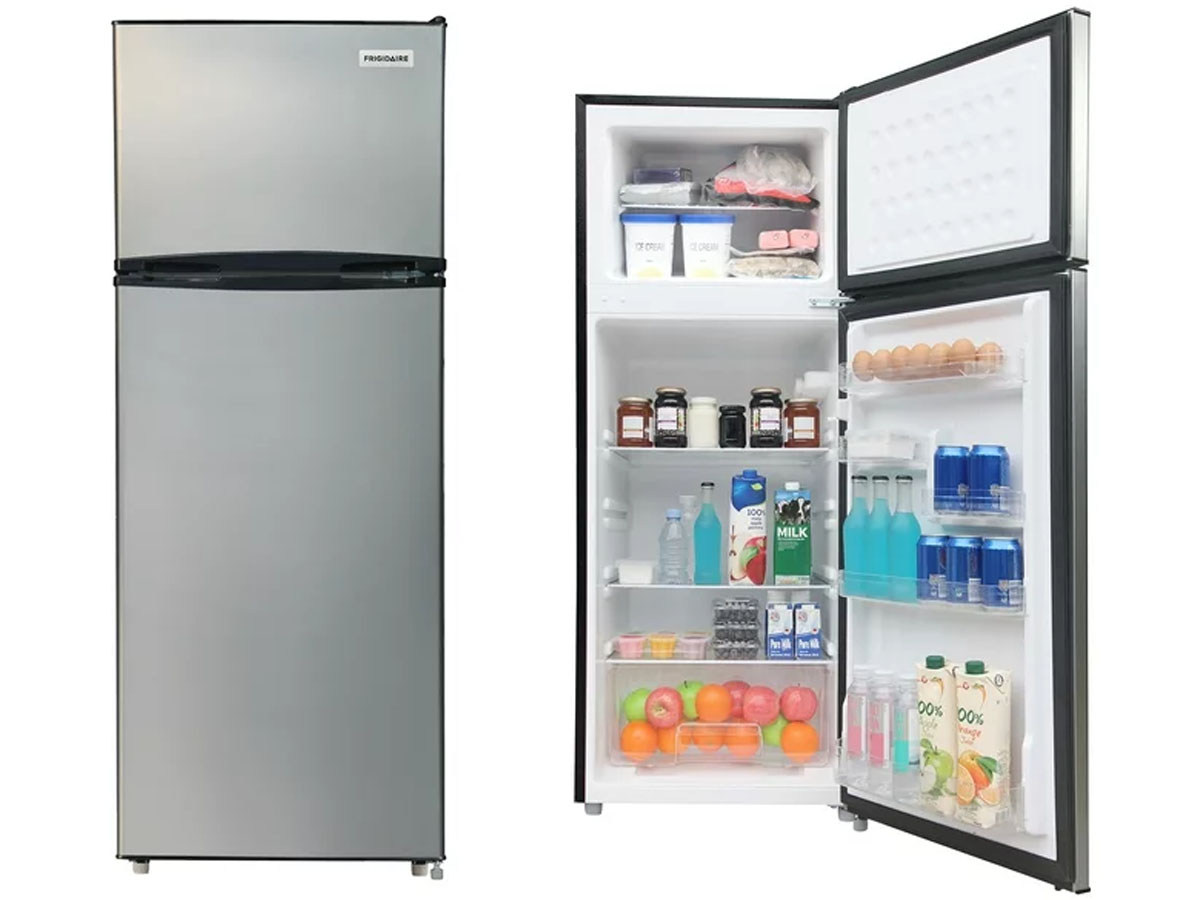 stainless steel refrigerator front image and image of inside filled with food