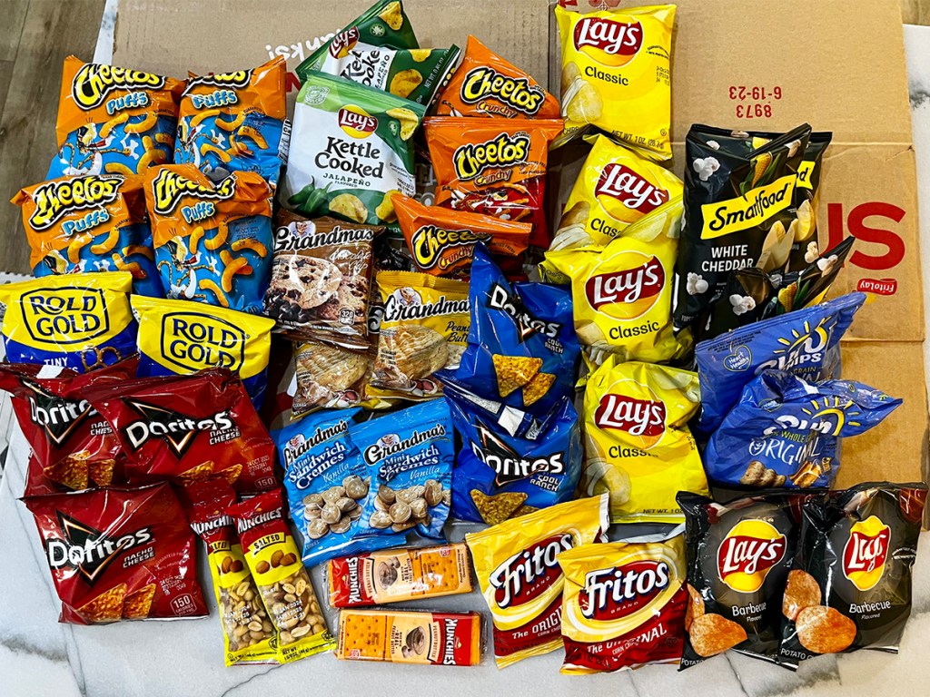 frito lay snackbox snacks laid out on box