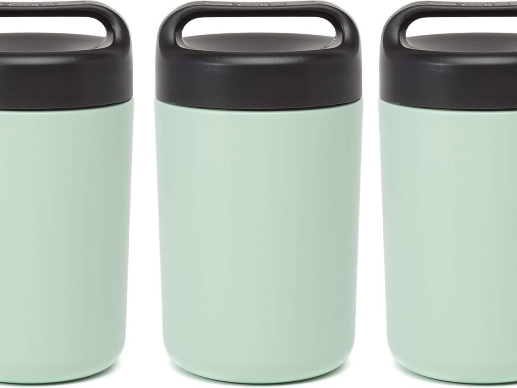 three sage green insulated food jars