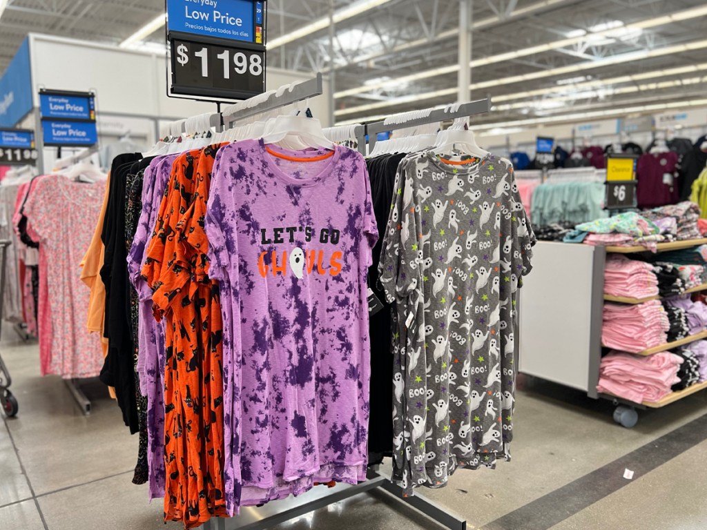 purple and gray ghost womens sleepshirts hanging in walmart store