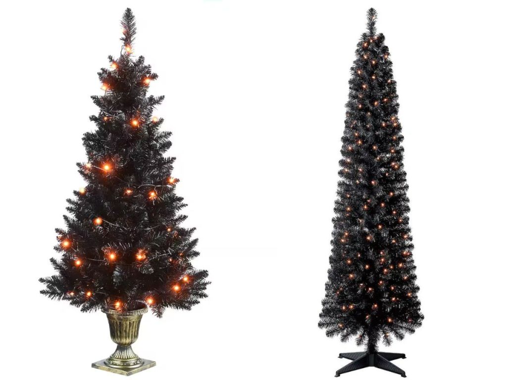2 black artificial Halloween trees with orange lights