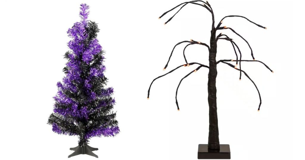 artificial black and purple halloween tree and weeping twig tree with orange lights 